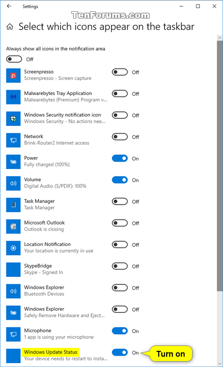 Kích hoạt tùy chọn Windows Update Status