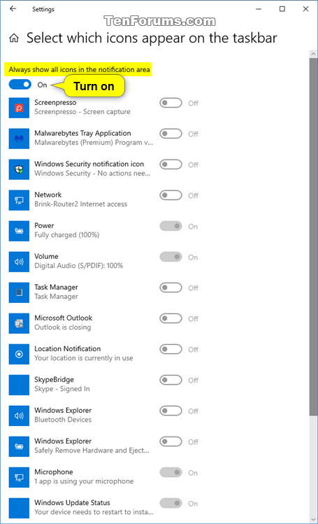 Kích hoạt tùy chọn Always show all icons in the notification area