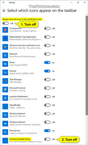 Tắt Always show all icons in the notification area và Windows Update Status