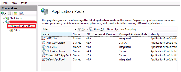 Truy cập Server Manager > Internet Information Services (IIS) Manager > Application Pools