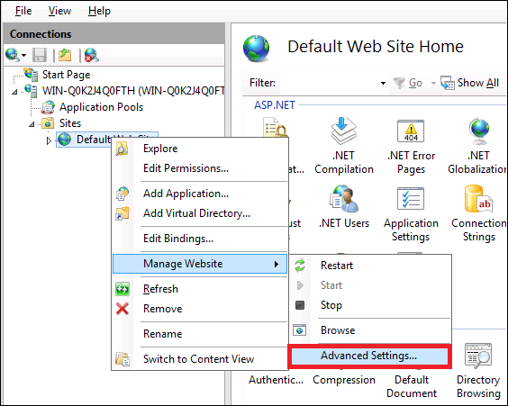 Chọn Manage Website > Advanced Settings