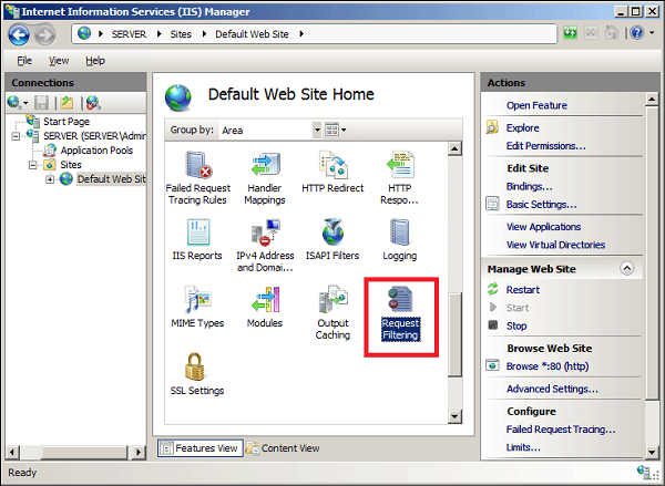 Vào Server Manager > Internet Information Services (IIS) Manager > Request Filtering
