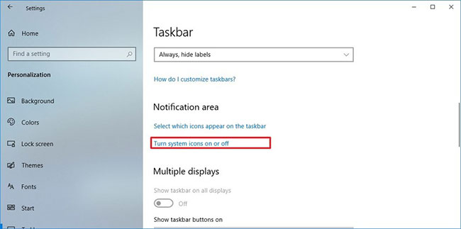 Nhấp vào tùy chọn Turn system icons on or off