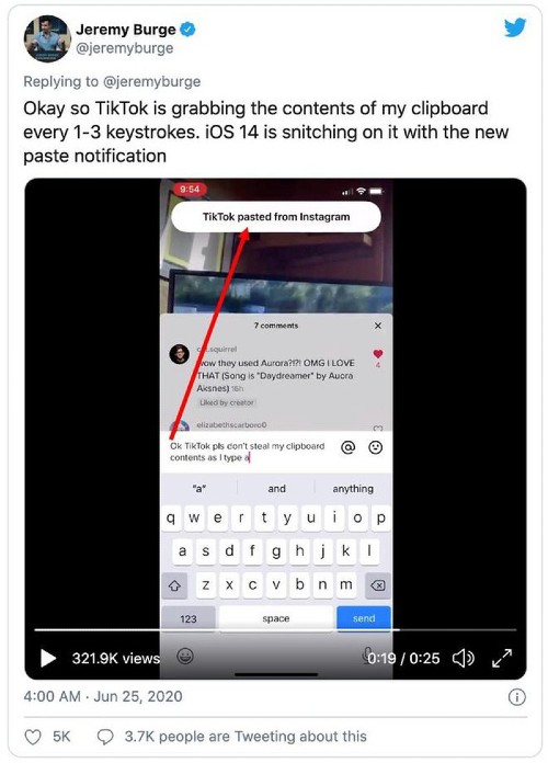 Và đây, sau khi cài iOS 14 beta, biên tập viên Jeremy Burge đã phát hiện ra TikTok đang truy cập và lấy dữ liệu từ clipboard trên chiếc iPhone của mình