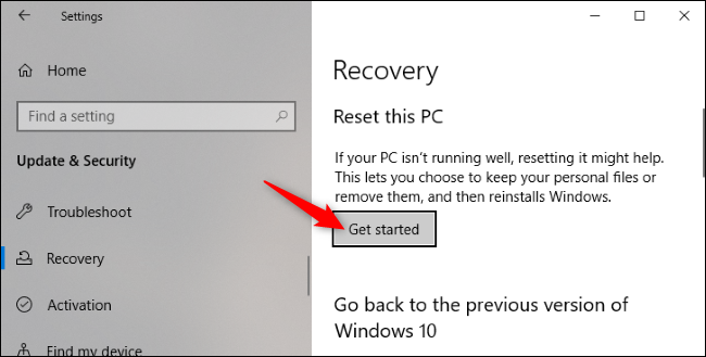 Nhấp vào Get started trong Reset This PC