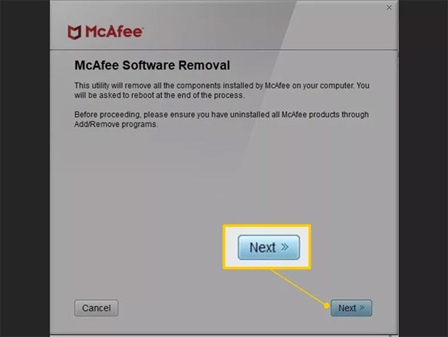 Chọn Tiếp theo trên màn hình Loại bỏ Phần mềm McAfee