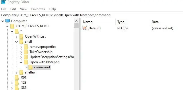 Trong thư mục shell, tạo key mới Open with Notepad, rồi trong key này, tạo thêm key Command