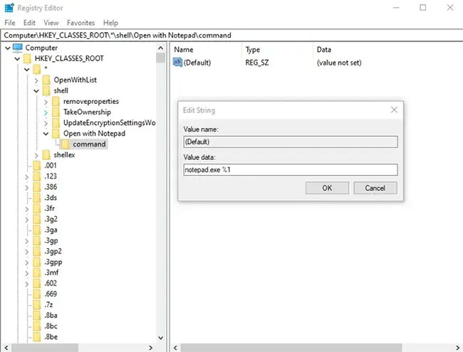 Trong thư mục key Command, nhấp đúp vào chuỗi Default , rồi nhập notepad.exe%1 vào hộp Value