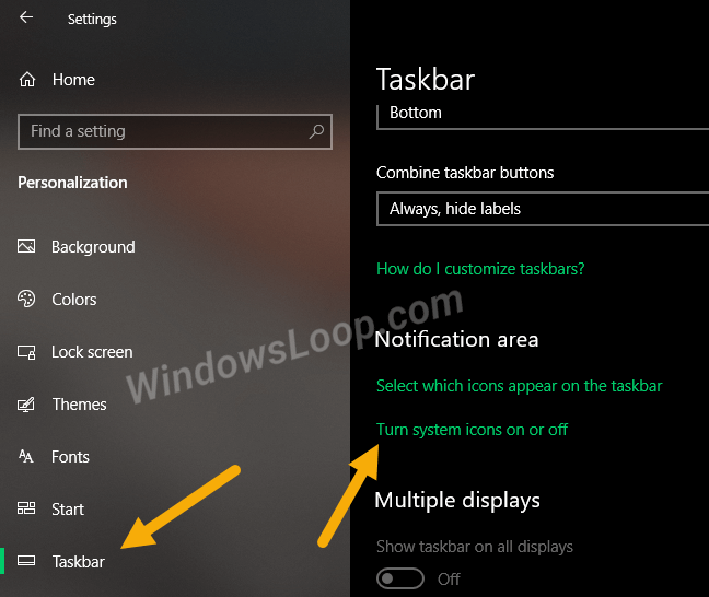 Nhấp vào Turn system icons on or off trong phần Notification Area