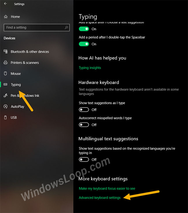 Nhấp vào liên kết Advanced Keyboard Settings