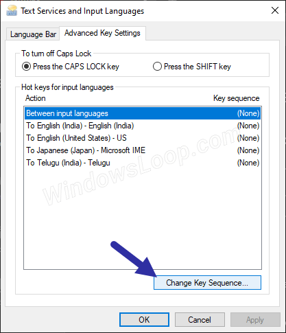 Nhấp vào nút Change key sequence
