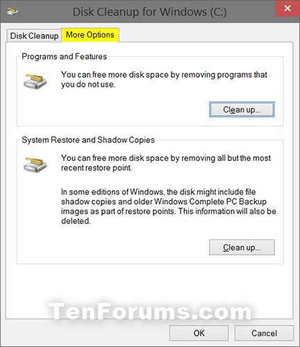 Click the More Options tab and click the Clean up button under System Restore and Shadow Copies