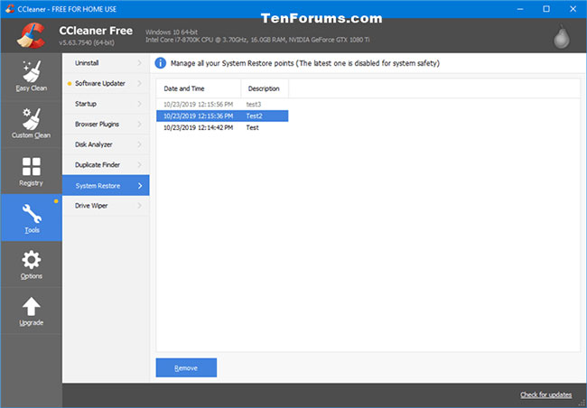 Delete individual system restore points in CCleaner