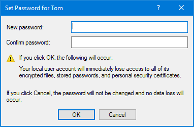 Nhập mật khẩu mới hai lần và nhấp vào OK