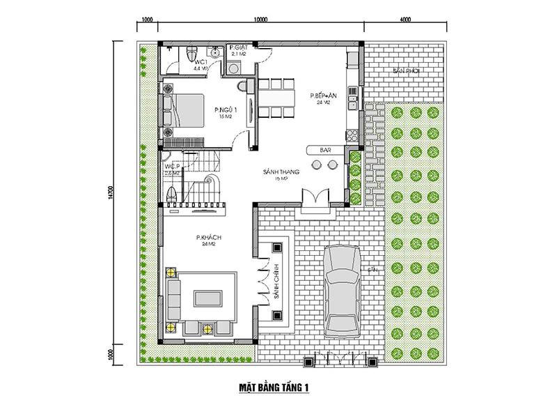 Nhà 2 tầng chữ l mái thái 4 phòng ngủ diện tích 110m2, tầng 1