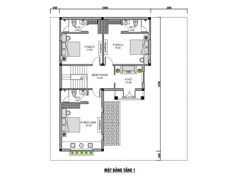 Nhà 2 tầng chữ l mái thái 4 phòng ngủ diện tích 110m2, tầng 2