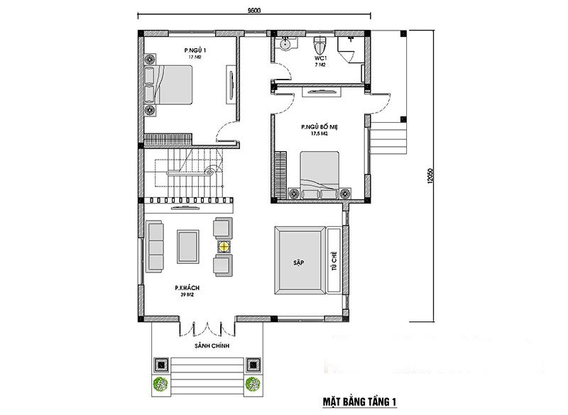 Nhà 2 tầng mái thái 4 phòng ngủ 140m2, tầng 1
