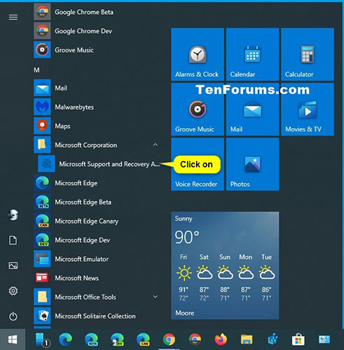 Mở menu Start và ứng dụng Microsoft Support and Recovery Assistant