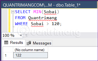 Kết quả chạy lệnh Select Min