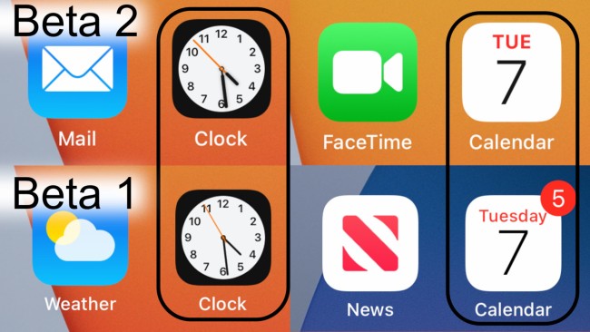 Biểu tượng đồng hồ và lịch trên iOS 14 beta 2 được tinh chỉnh so với trước đây