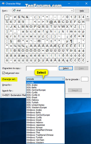 Chọn để chỉ xem bộ ký tự Unicode, DOS hoặc Windows