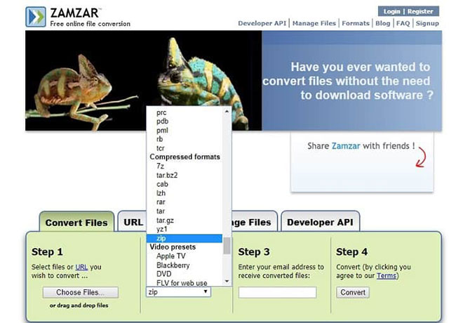 Có thể tiêu dùng Zamzar để tạo file RAR trực tuyến