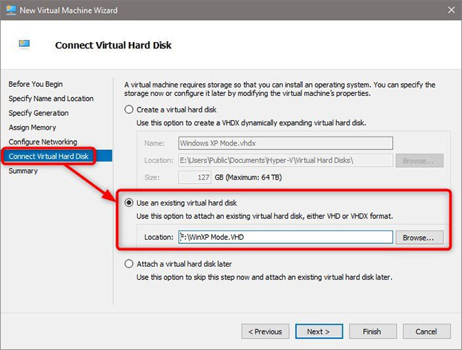 Chọn Use existing virtual hard disk