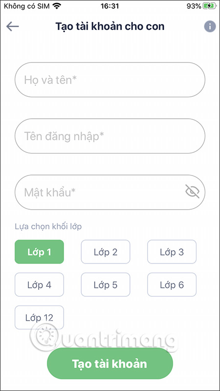 Điền thông tin của bé
