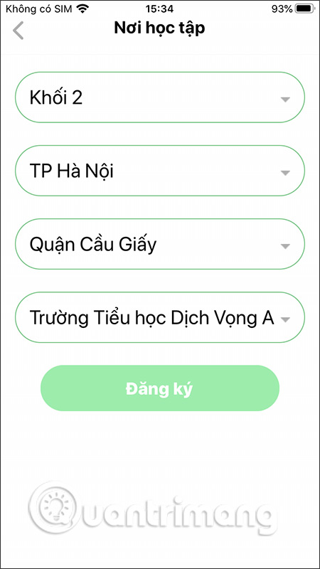 Điền thông tin học sinh