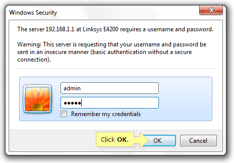 Nhập tên người dùng và mật khẩu của router