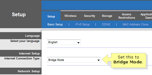 Đặt Internet Connection Type thành Bridge Mode