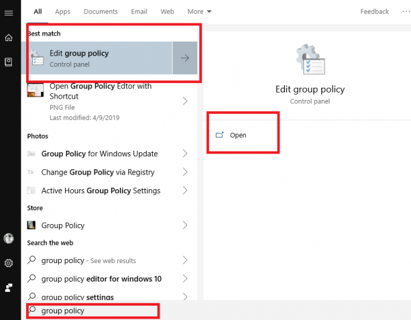 Mở Group Policy Editor trên khung Search