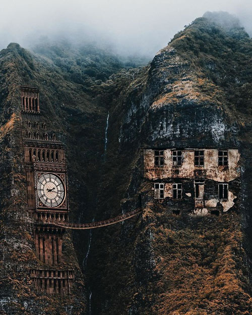 Tháp đồng hồ Big Ben nổi tiếng được Şahin khéo léo cắt ghép tạo nên vùng đất bị lãng quên