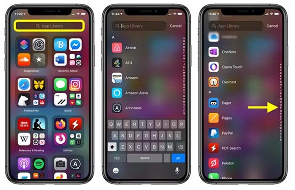 Sử dụng thanh tìm kiếm hoặc dãy chữ cái để tìm ứng dụng