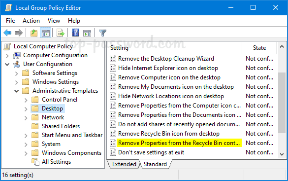 Nhấp đúp vào policy có tên là Remove Properties from the Recycle Bin context menu