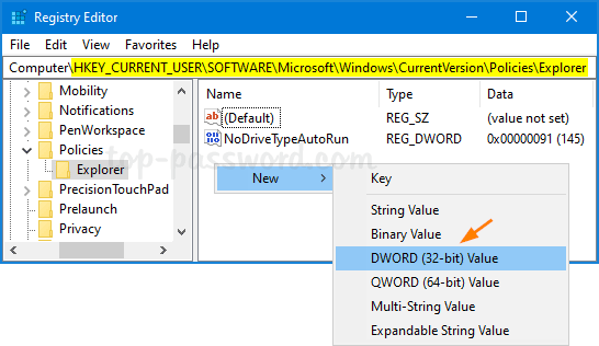 Bấm chuột phải vào key Explorer và chọn New > DWORD (32-bit) Value