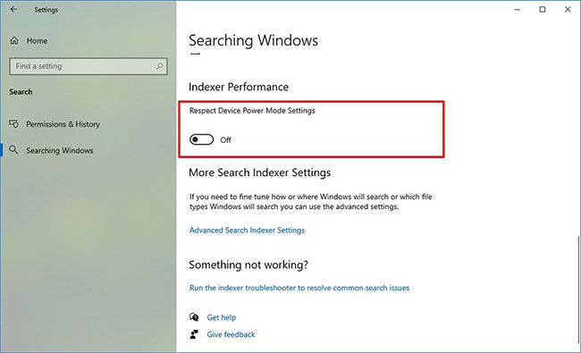 Trong phần Indexer Performance, hãy bật tùy chọn Respect Device Power Mode Settings