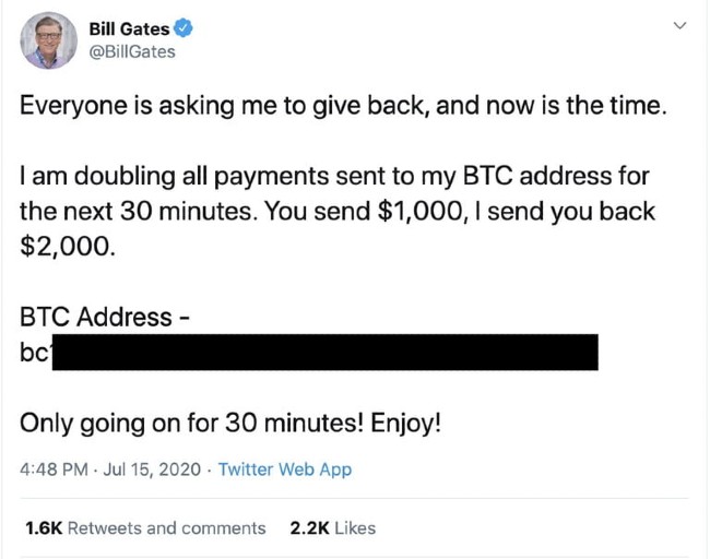 Tài khoản Twitter của Bill Gates đăng tải tweet lừa đảo