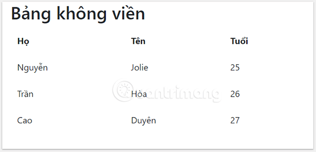 Tạo bảng không viền trong Bootstrap