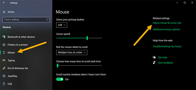 Nhấp vào liên kết Additional mouse options