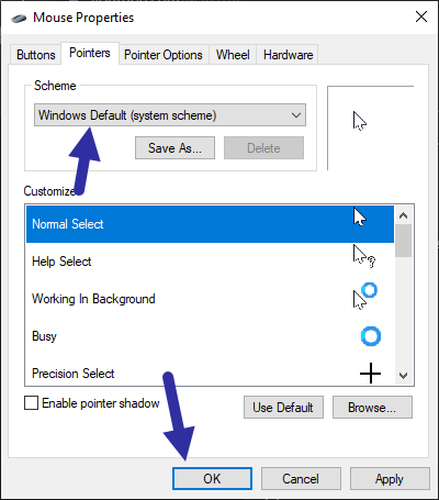 Chọn Windows Default (System scheme) từ menu thả xuống Scheme
