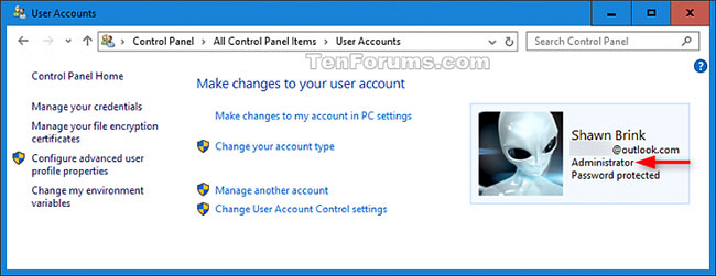 Xác định loại tài khoản trong User Accounts