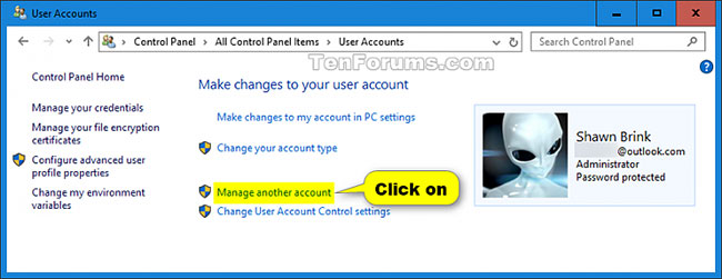 Nhấp vào liên kết Manage another account