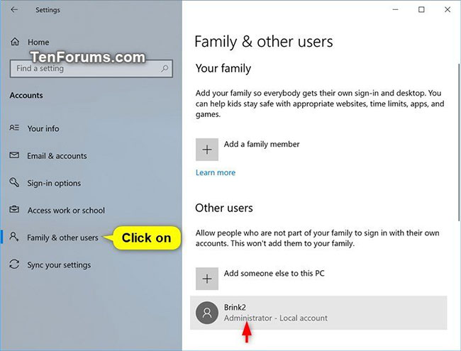 Xác định loại tài khoản trên trang "Family & other users" cho người dùng khác