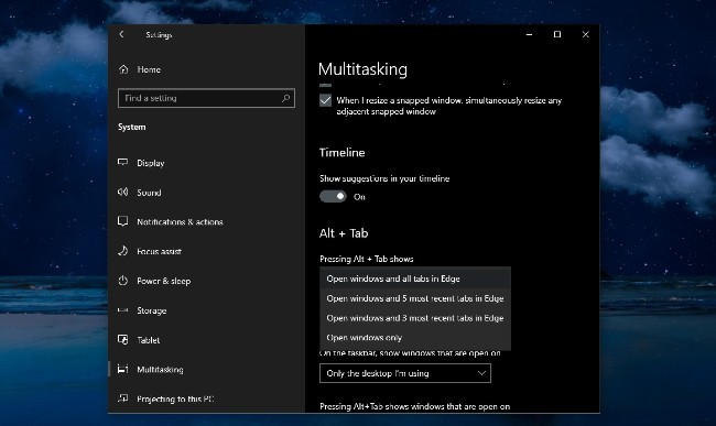 Các tùy chọn của Alt+Tab trong phần Settings