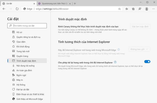 Kích hoạt duyệt web trong chế độ Internet Explorer