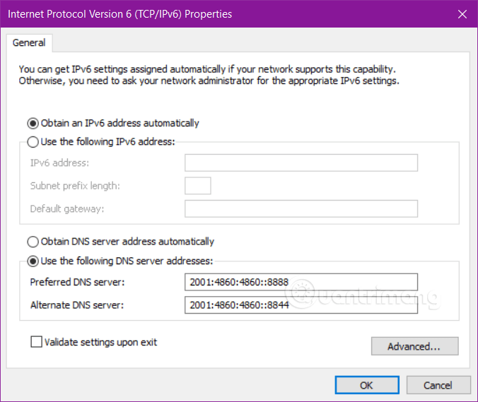 Đổi DNS Google với IPv6