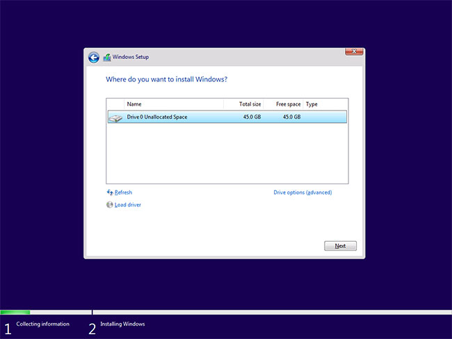 Chọn ổ cứng để cài đặt Windows