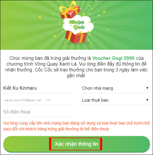 Nhập thông tin trúng thưởng 