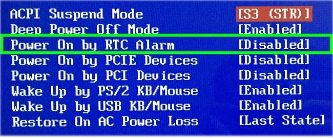 Điều hướng đến tùy chọn Power on Alarm hoặc RTC Alarm
